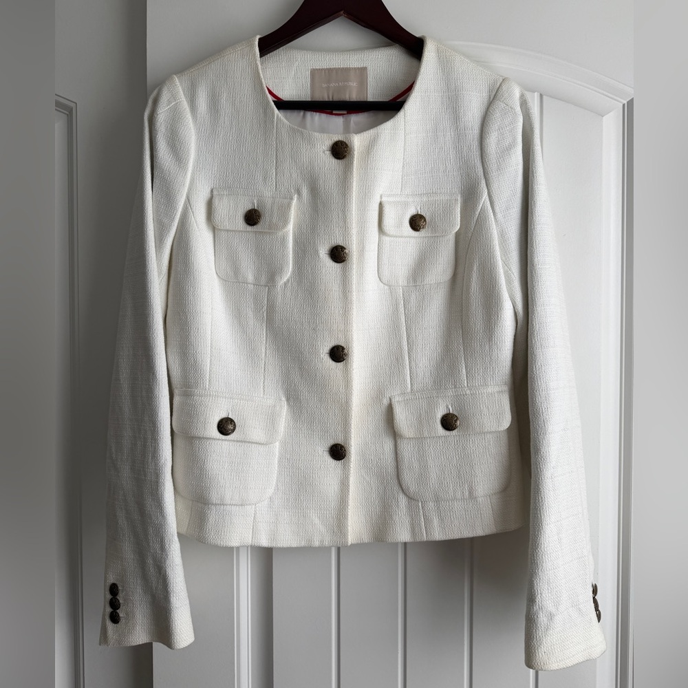 Banana Republic Ivory Tweed Blazer with Button Accents